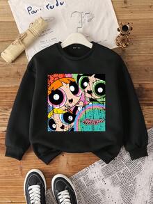 THE POWERPUFF GIRLS X SHEIN Tween Girl 休闲卡通印花长袖圆领运动衫，适合秋冬季 - 黑色 - 查看 6