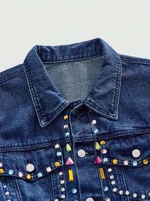 ROMWE MEN Street Life Men's Turndown Collar Single-Breasted Rhinestone Pocket Daily Commute Long Sleeve Denim Jacket - Medium Wash - View 3