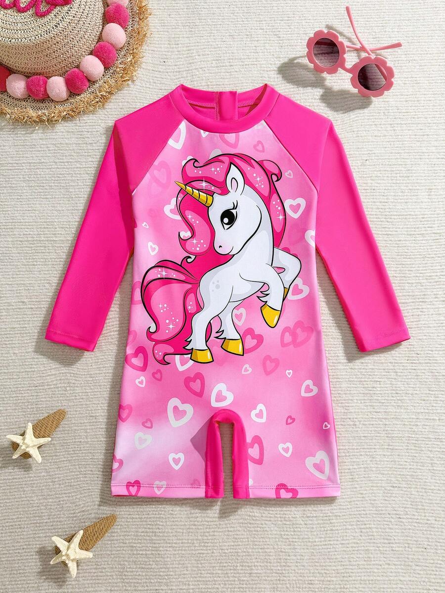 SHEIN 女童独角兽爱心印花连体泳衣 女童独角兽泳装 粉色独角兽泳衣 女童卡通人物泳装 独角兽长袖泳衣 女童独角兽长袖泳衣 - 粉色 - 查看 1