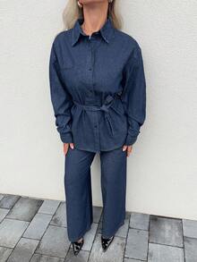 Jeta Ari Bộ 2 món áo sơ mi denim dài tay kèm thắt lưng và quần jean denim cho nữ, quần áo mùa thu - Rửa tối - Xem 3