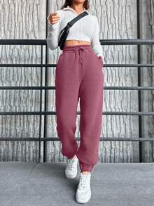 Cottnline Women's Drawstring Waist And Cuffs Sweatpants - Baby Pink - View 5