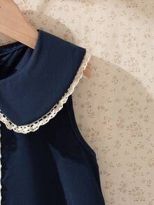 Souflis Souflis Toddler Girls' Sleeveless Ruffle Collar A-Line Hem Cute Navy Blue Dress, Summer