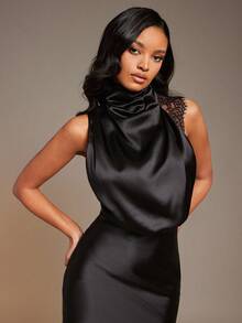 L'Amorae Women Asymmetrical Mock Neck Draped Front Satin Midi Dress With Lace Inset - Black - View 5