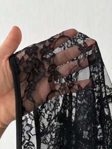 Rustia Top scurt din dantelă neagră, mărime plus, asortat cu bluză, semitransparent, versatil, mânecă lungă, legături în față, top scurt la modă