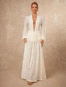 Lumalex 低调老钱锐舞节服装 正式低调老钱夏季泳装泳衣泳装度假优雅复活节波西米亚风 BOHO 海滩热门户外丰富层次婚礼季宴会成人礼海滩海边女士超长连衣裙,配有可拆卸打底裤、V 领、泡泡袖、褶皱腰身、金属扣和宽松连衣裙长款针织提花薄纱连衣裙杏色礼服杏色婚礼宾客连衣裙 Love And Lemonade 连衣裙杏色长款连衣裙春夏,春季女装 - 白色 - 查看 11