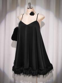 SHEIN ICON Váy ngắn satin chắp vá cỡ lớn cho nữ, dự tiệc - màu đen - Xem 4