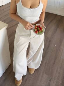 SHEIN PETITE CURVE Plus Size Women's Solid Color Casual Everyday Commute Simple Versatile Loose Comfortable Wide Leg Pants - Apricot - View 5