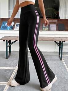 SHEIN EZwear 側邊條紋喇叭褲 - 黑色 - 查看 1