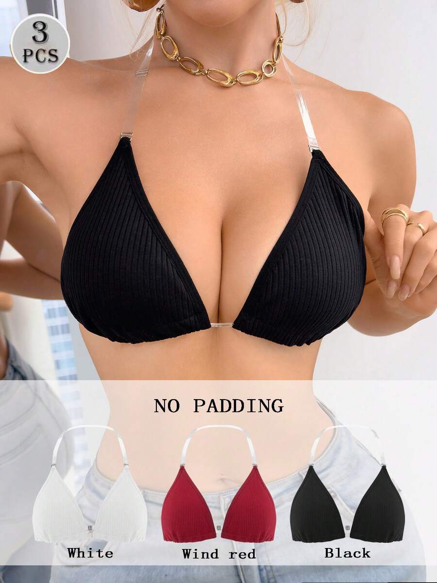 3 chiếc/gói Áo ngực tam giác có gân màu trơn thường ngày dành cho nữ - Nhiều màu - Xem 1