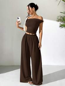 SHEIN EZwear 女士不对称肩部上衣和长裤套装，夏季 - 棕色 - 查看 5