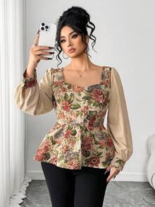 SHEIN Elenzya Blusa de manga larga con cuello cuadrado para mujer de talla grande, elegante y con estilo - Multicolor - Ver 4