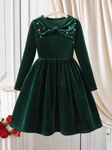 女童优雅复古酒红色长袖连衣裙，饰有蝴蝶结和珍珠，圆领，收腰设计，适合圣诞节、万圣节、生日、春秋季穿着。 - 綠色 - 查看 3