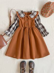 PrepCrw Young Girls' Plaid Patchwork Lapel Front Button Long Sleeve Dress - Brown - View 2