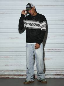 Modcrash 男士休闲百搭格子圣诞嵌花针织套头毛衣，适合春、秋、冬三季穿着。 - 黑色 - 查看 4