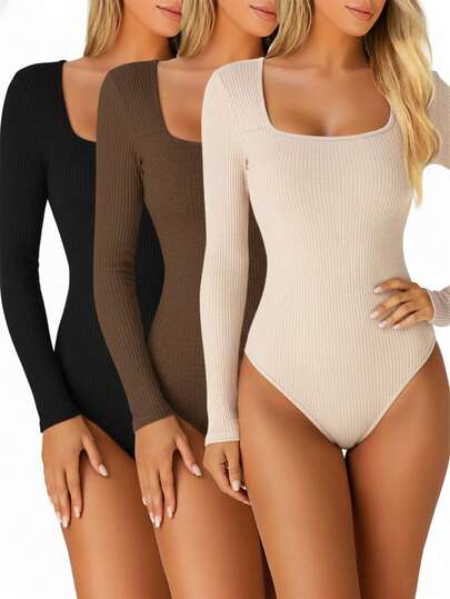 Opuloom Women's Summer/Fall Square Collar Tight Bodysuit, Long Sleeve, Inner/Outer Wear, 3 Colors (Black/Apricot/Brown) Set
