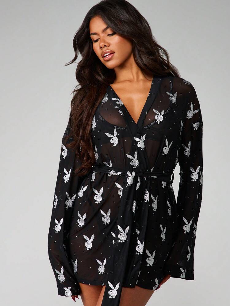 Missguided x Playboy Black Mesh Glitter Bunny Print Long Sleeve Wrap Robe With Belt Lingerie Sleepwear