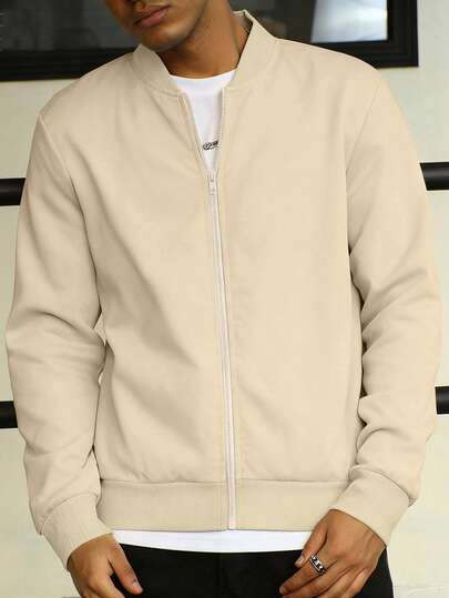 Manfinity Dauomo Men's Casual Everyday Commute Simple Solid Color Zip-Up Baseball Jacket, Spring/Autumn