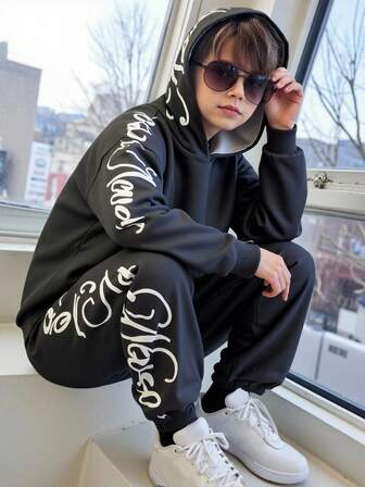 青少年男童宽松休闲舒适套头卫衣和慢跑裤套装