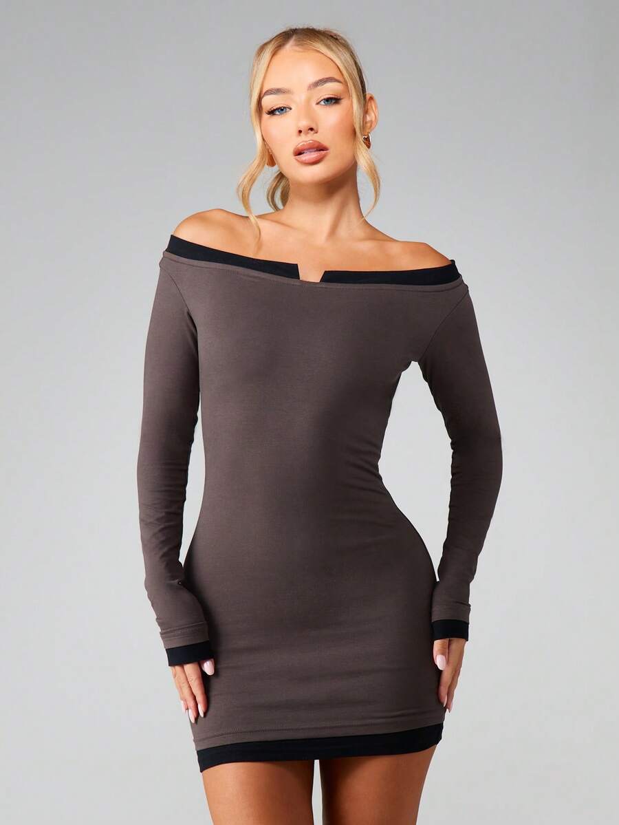 MISSGUIDED Off Shoulder Long Sleeve Bodycon Mini Dress With Contrast Black Trim Detail For Evening Party Occasions - Grey - View 1