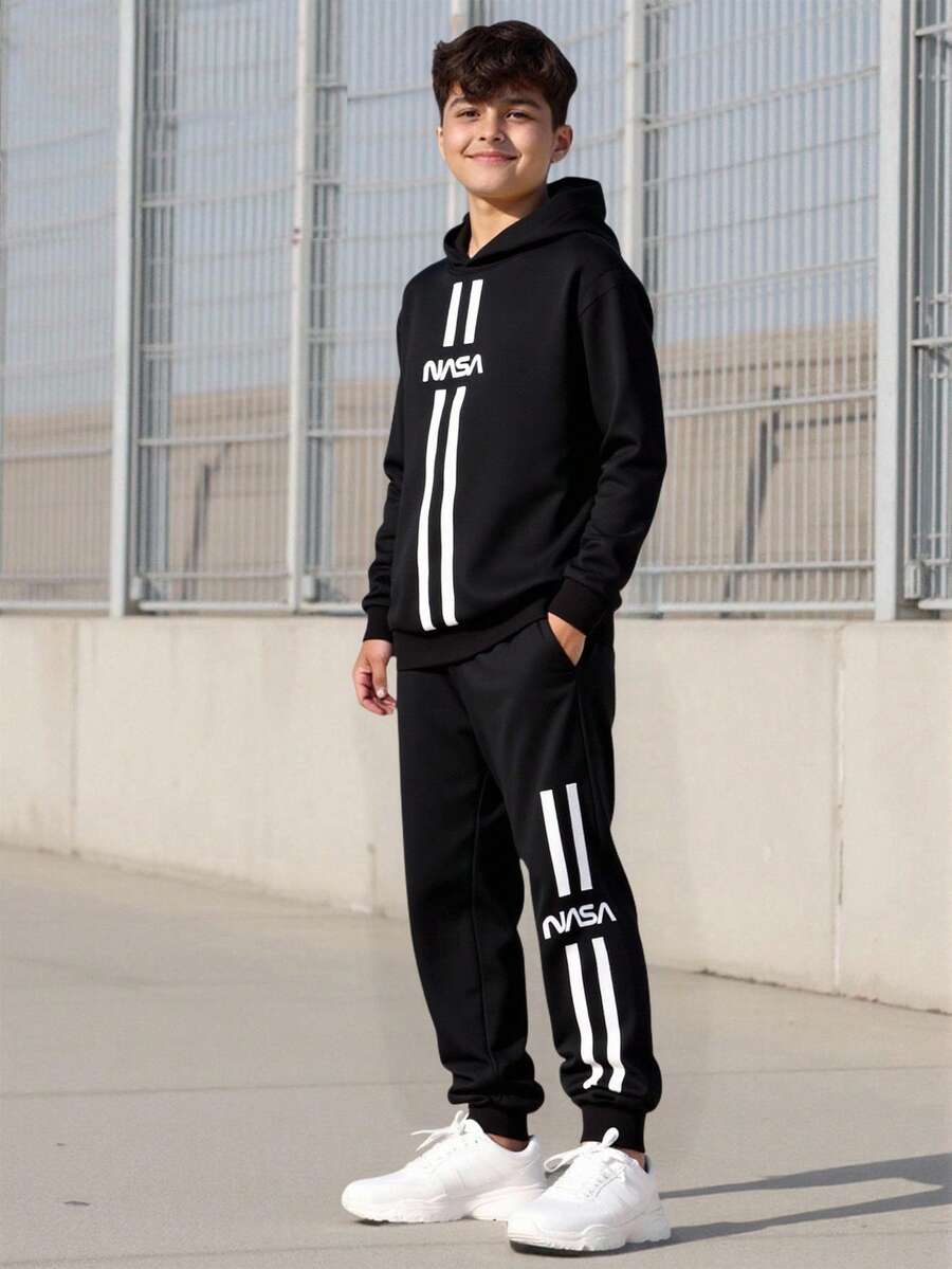 Vacaura 2 件青少年秋季连帽美式长袖图案印花连帽衫和抽绳腰部休闲运动裤套装