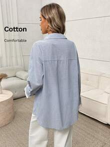 Easowa Áo cánh cotton trắng cổ tay trắng họa tiết sọc xanh trắng dành cho nữ, dáng rộng, cổ áo sơ mi hở phía trước, tay dài, thường ngày, thích hợp mặc hàng ngày, đi chơi, đi làm và đi làm, có túi - Xanh và trắng - Xem 6