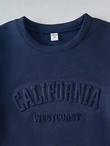 SHEIN Tween Girls' Casual Solid Color Letter Embossed Crew Neck Sweatshirt And Sweatpants Set, Autumn - Navy Blue - View 3