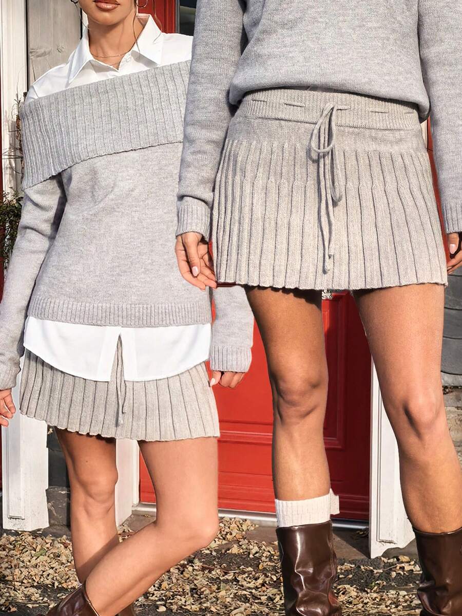 Modviera Grey High Waist Drawstring Mini Skirt, Pleated, Versatile, Autumn/Winter Gray Skirt Country Skirt Western Skirt Cowgirl Skirt Brown Leather Skirt New Year Clothes - Grey - View 1