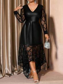 Cravure Plus Size Women Elegant Asymmetric Hem Party Dress With PU Leather & Mesh Panels - Black - View 3