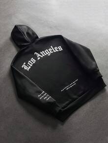 SLATEMANN 宽松版型男士标语图案落肩黑色字母洛杉矶长袖连帽衫，适合朋友、丈夫、男朋友的礼物，秋季 - 黑色 - 查看 1