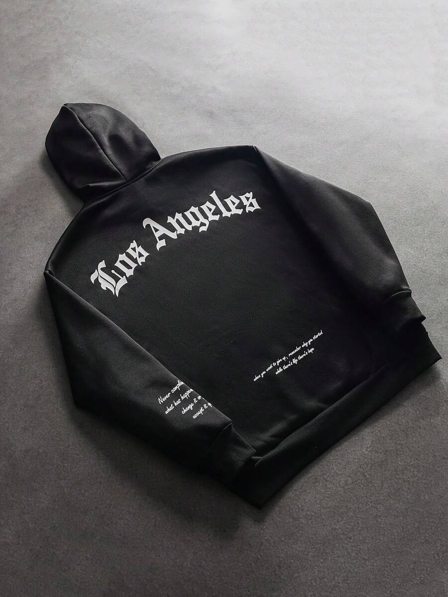 SLATEMANN 宽松版型男士标语图案落肩黑色字母洛杉矶长袖连帽衫，适合朋友、丈夫、男朋友的礼物，秋季 - 黑色 - 查看 1