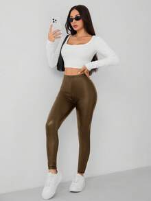 SHEIN PETITE Quần legging co giãn cao bằng da PU dành cho nữ - Cà phê nâu - Xem 3