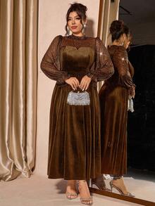 Cravure Váy tay bồng lưới nhung thanh lịch cỡ lớn cho nữ, thắt eo, thích hợp dự tiệc - màu nâu - Xem 8
