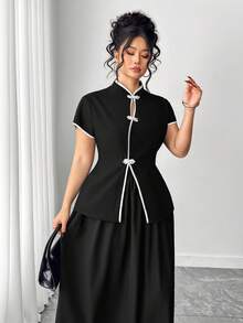 Elenzga Conjunto de 2 piezas de camisa abotonada con bloqueo de color elegante y falda para talla grande - Negro - Ver 6