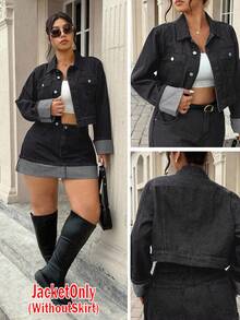 SHEIN ICON Áo khoác denim tay bo cổ cổ điển cỡ lớn, màu xám đậm - Màu xám đen - Xem 1