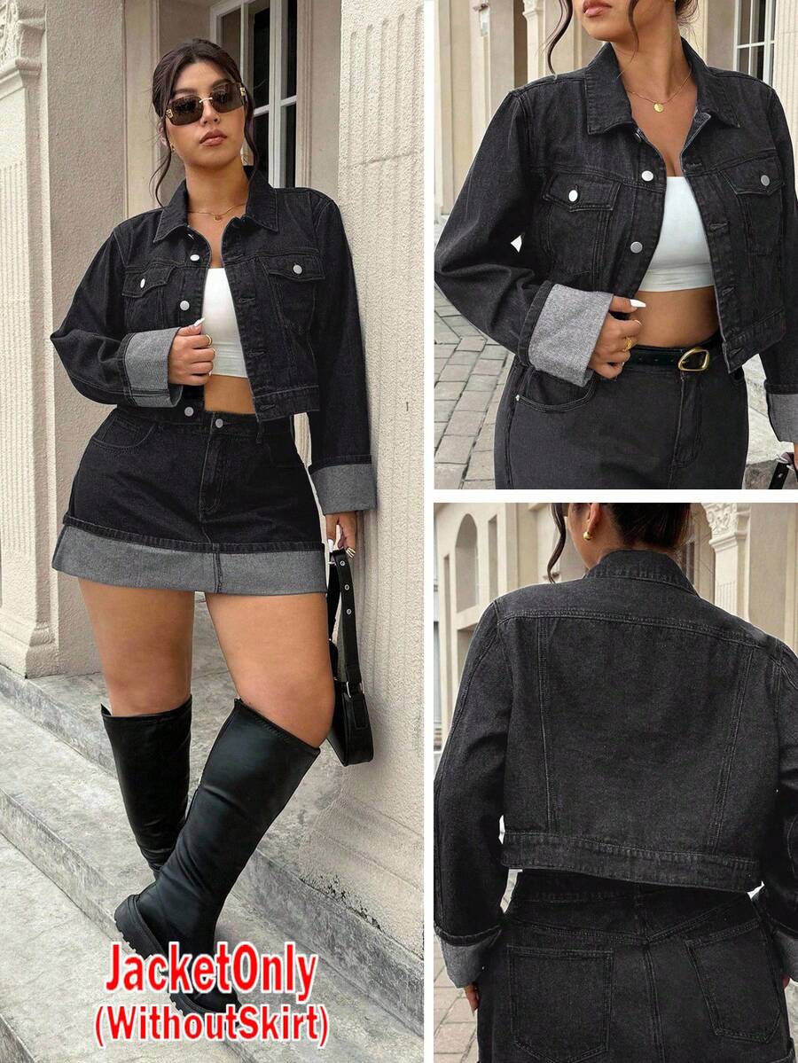 SHEIN ICON Áo khoác denim tay bo cổ cổ điển cỡ lớn, màu xám đậm - Màu xám đen - Xem 1