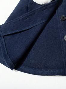 Souflis Souflis 2025新款优雅法式白色毛领藏蓝色超大羊毛大衣，女士款