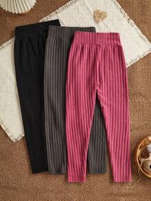 Genkimix Kids Bộ 3 quần legging cho bé gái tuổi teen - Màu đen, xám, hồng, thêu hình trái tim, quần legging gân sọc, cạp cao, dày dặn, ấm áp, co giãn, vải dệt dọc, họa tiết trái tim nhỏ, ngọt ngào, tối giản, cần thiết cho mùa thu đông, kỳ nghỉ, lớp lót bên trong cho bé gái tuổi teen. - Nhiều màu - Xem 2