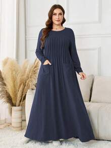 Lacomfia Knitted Stretchy Hazy Blue Long Sleeve Pleated Pocket Minimalist Casual Loose Soft Plus Size Dress For Women - Navy Blue - View 4