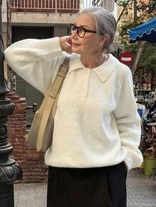Vivie Lora Women's Loose Fit Turndown Collar Ribbed Knit Cardigan Sweater - White - View 1