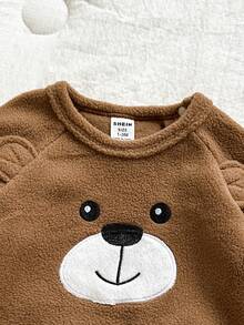 SHEIN 2pcs Baby Boy Cute Bear Print Fleece Long Sleeve Romper And Pants Comfortable Pajama Set