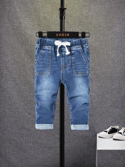 SHEIN 男婴休闲水洗抽绳腰修身牛仔裤