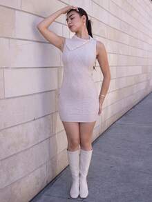 Andrea Bello Women's Sleeveless Textured Turtleneck Fitted Sweater Dress For Casual Wear, Autumn/Winter - Grey - View 4