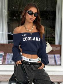 SHEIN EZwear 女士冬季休闲单肩宽松运动衫 - 藏蓝色 - 查看 5