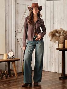 Wildy Áo sơ mi dài tay cơ bản họa tiết sọc đồng quê dành cho nữ, mặc hàng ngày - Cà phê nâu - Xem 5