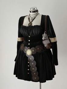 Sunspun Fashionable Square Collar Elastic Velvet Waist Dress - Black - View 1