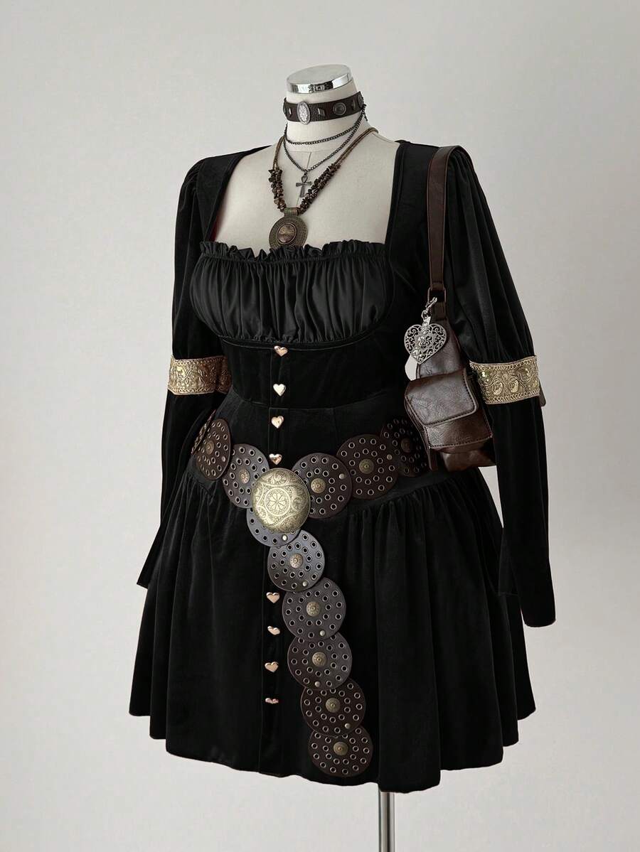 Sunspun Fashionable Square Collar Elastic Velvet Waist Dress - Black - View 1