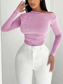 SHEIN SXY Áo thun dài tay hở vai bất đối xứng màu hồng tối giản gợi cảm, thích hợp mặc đi làm và đi làm - Hồng - Xem 4