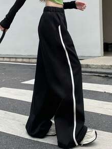 DAZY Pantalones de mujer holgados, gruesos y cálidos con rayas laterales de contraste - Negro - Ver 4