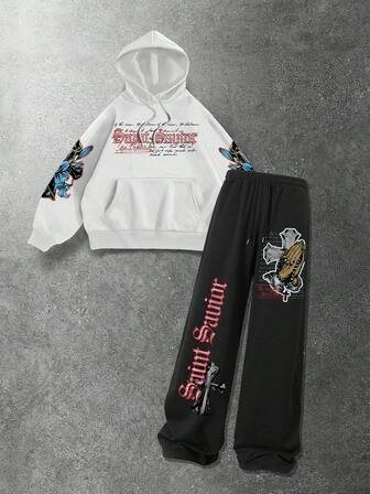 Ensemble sweat-shirt à capuche en polaire avec imprimé croix pour hommes