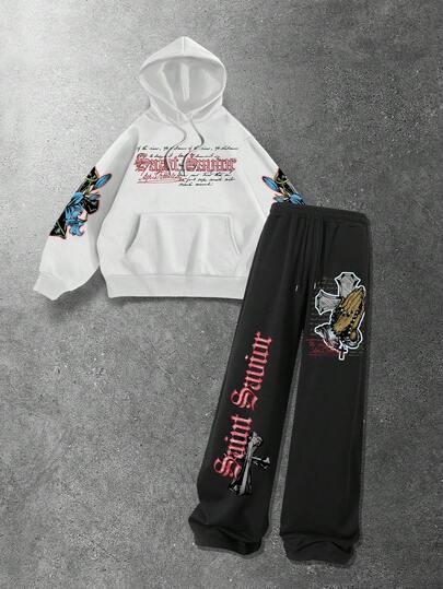 Conjunto de sudadera con capucha de felpa con estampado de cruz para hombre